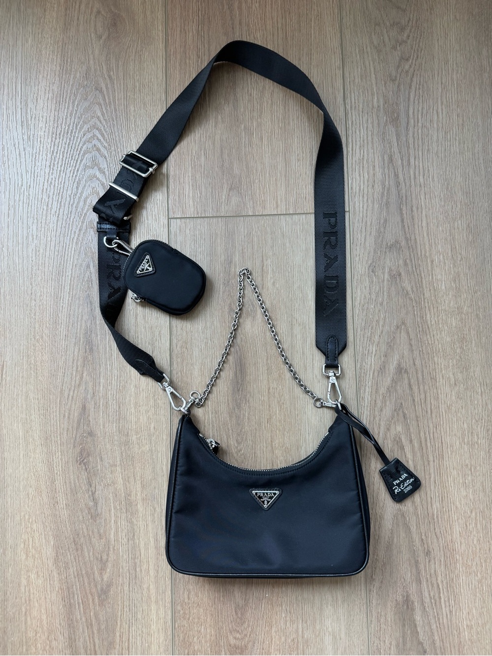 Black Nylon Mini Crossbody Shoulder Bag with Logo Strap and Coin Pouch
